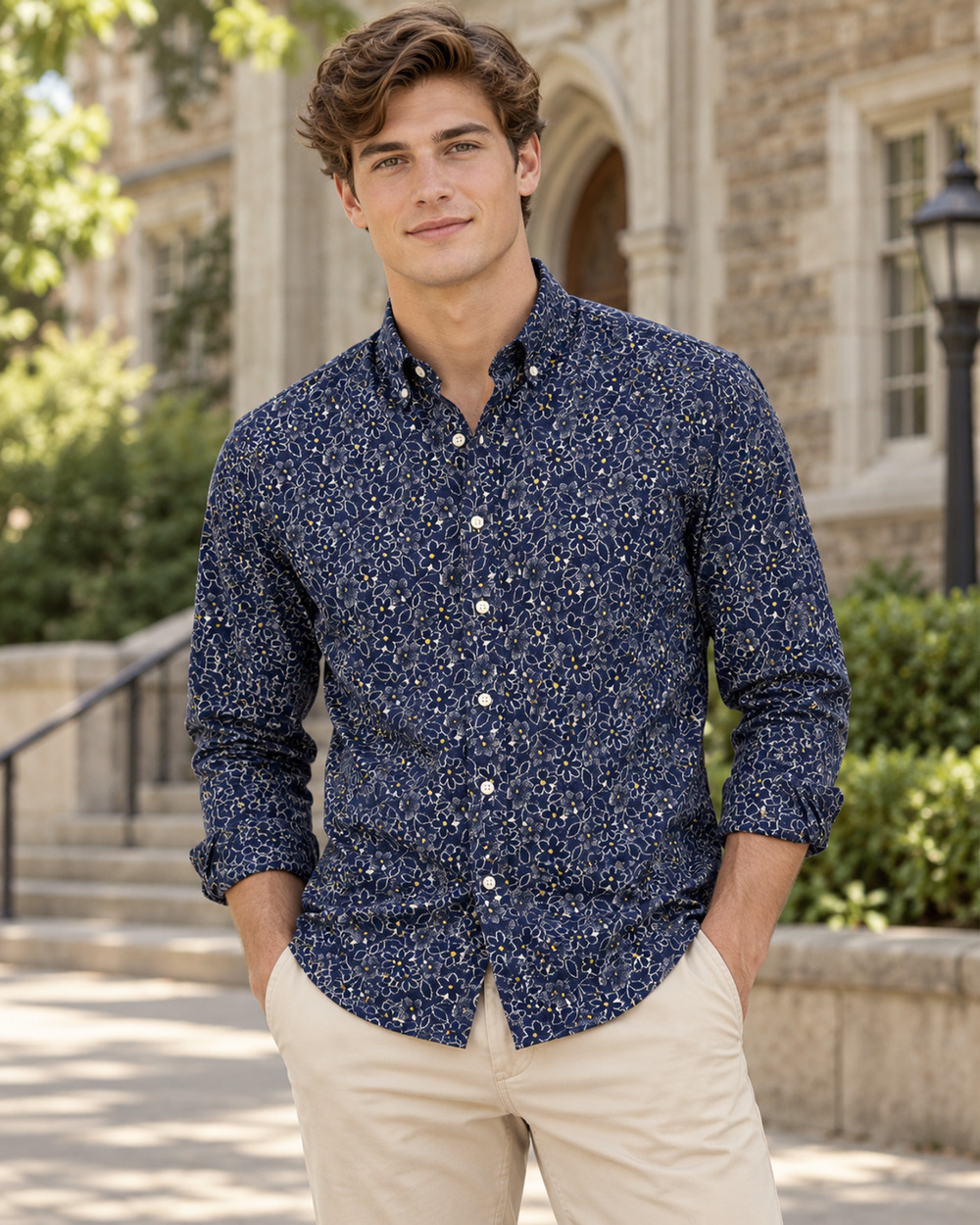 Mens Blue Floral J Crew Button Up Shirt Long Sleeve Preppy Retro Slim Small